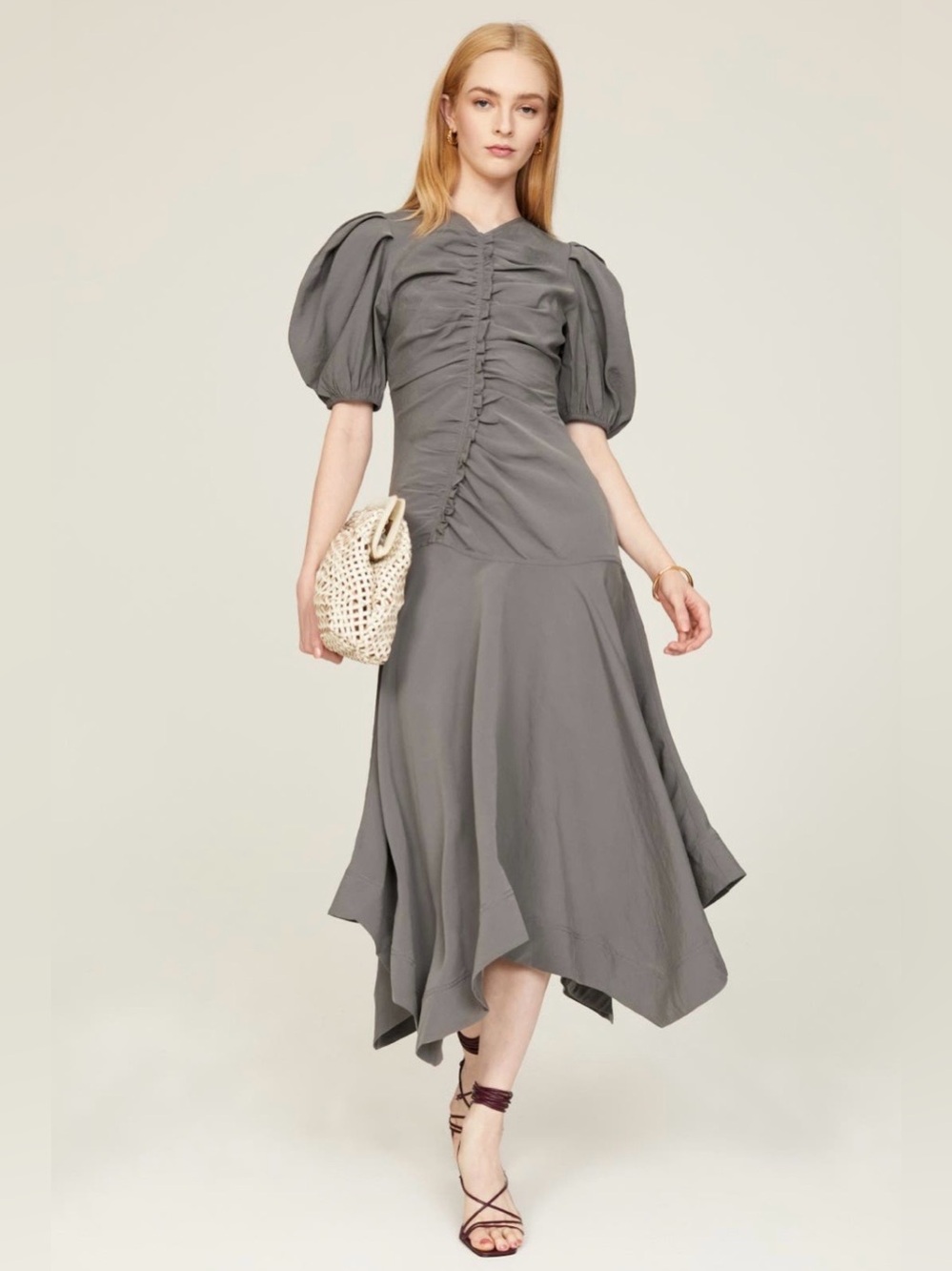 Ulla Johnson~Heleen~Gray Ruched Puff-Sleeve Asymmetrical Midi Dress~Size 8~$725~